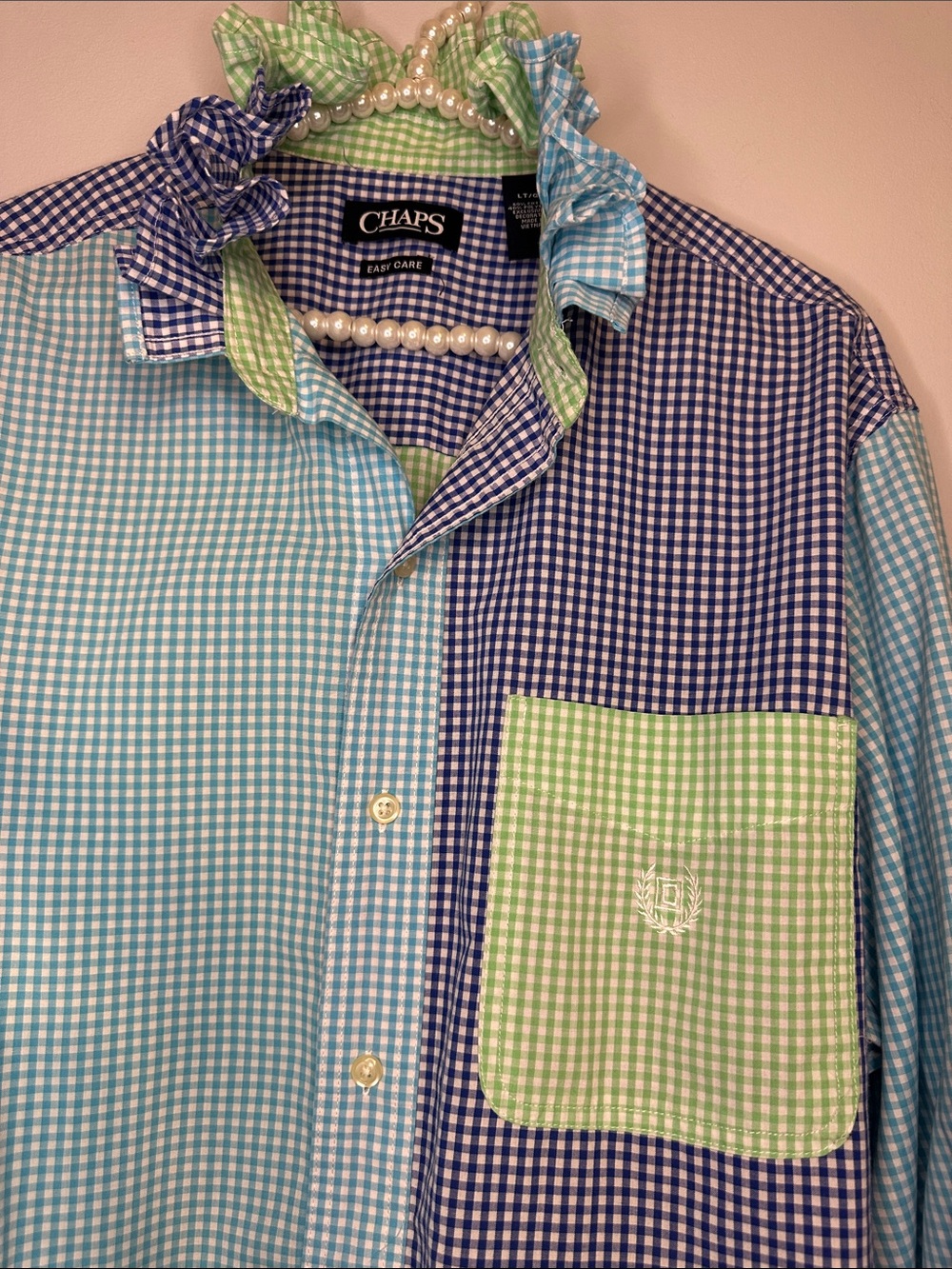 Chaps Colorblock Gingham Ruffled collar Shirt in Blue & Green - Picture 3 of 6